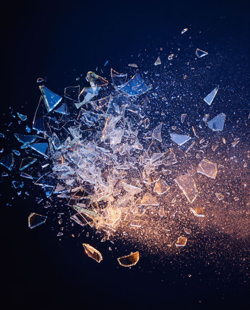 A pane of glass caught mid-shatter, bright shards spraying outward and frozen in the air, one warm low light catching the edges against a dark ground