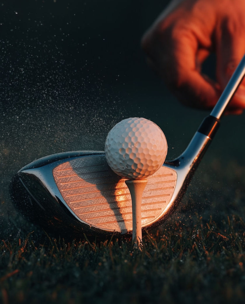 A golf driver head striking a ball off the tee under warm low light against a dark fairway, a spray of dew flicking up at contact