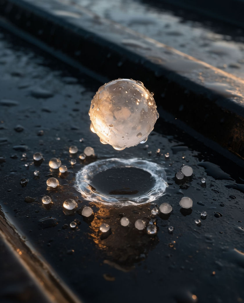 Hailstones bouncing off dark wet pavement under one warm low light, ice pellets flaring bright mid-rebound against a cool black ground