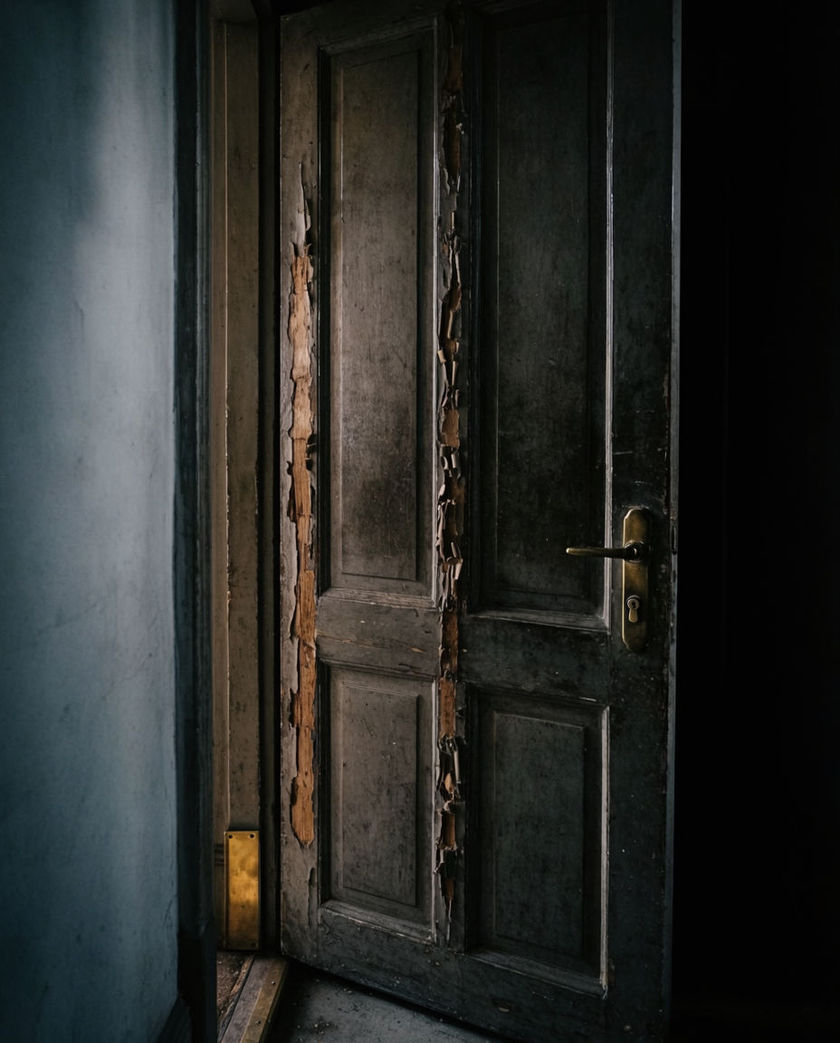A warped wooden staircase and banister lit by one warm shaft of light against a cold dark hall, a tread caught mid-flex