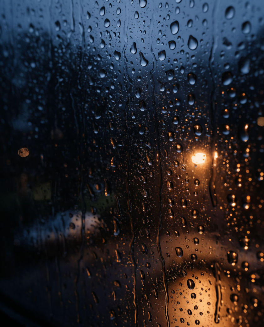 Heavy rain hammering a dark wet street lit by one warm streetlamp, drops bursting into spray against a cool black ground