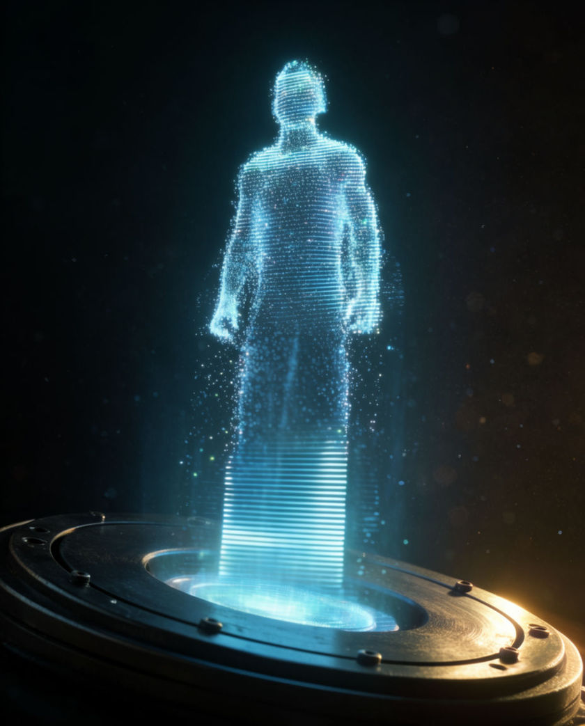 A translucent cyan projected figure flickering above a warm-lit emitter at a low angle against a dark ground