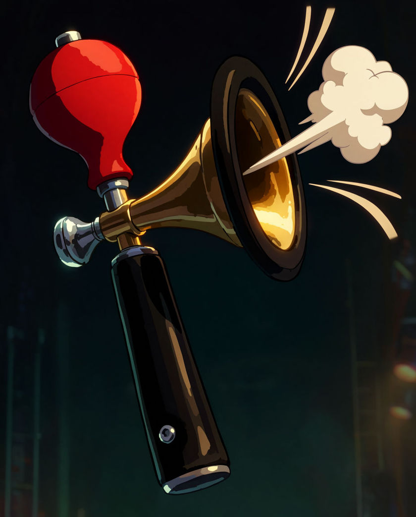 A red rubber-bulb clown horn caught mid-squeeze, brass bell tilted off-axis under warm low light against a dark ground
