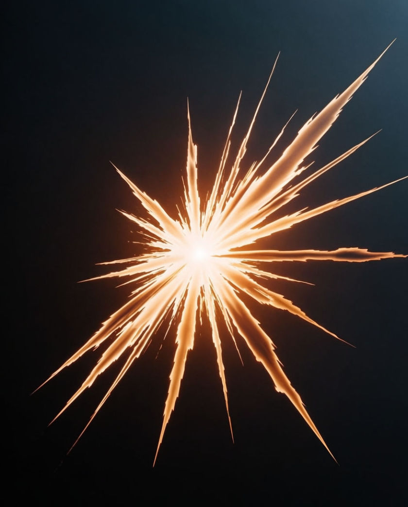 A sharp burst of warm light spiking out of a cold black ground, energy stabbing outward from a single point