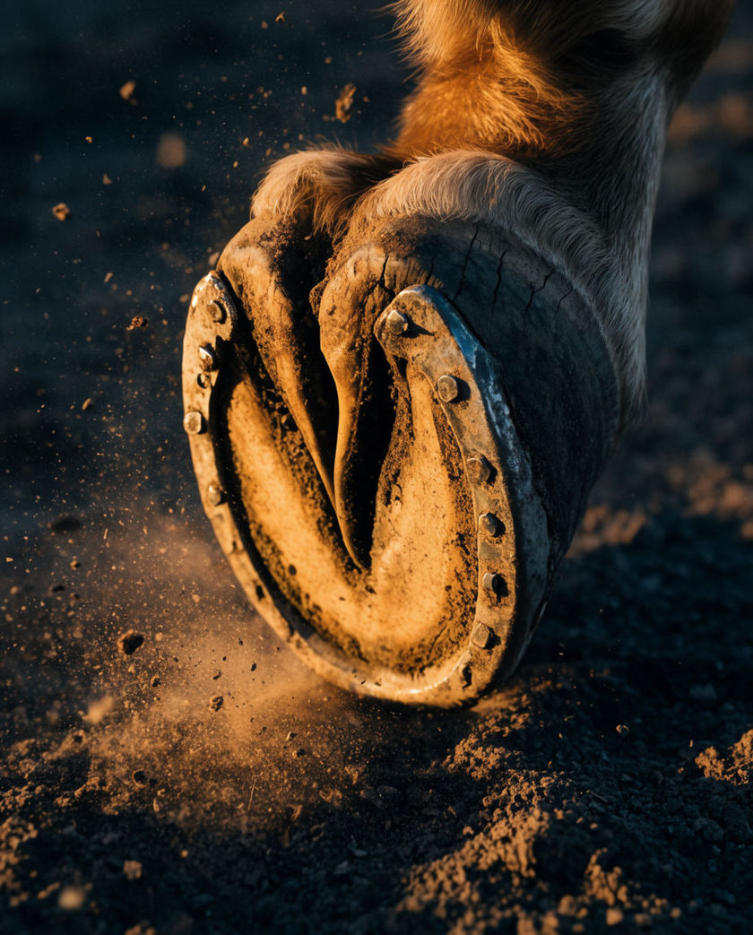 A shod hoof striking packed earth mid-step, filling the frame from a low off-axis angle with one warm directional light against a dark ground