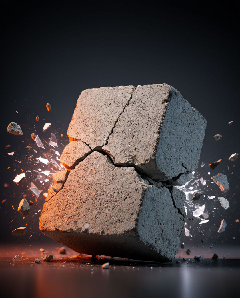 A steel hammer caught the instant it strikes a metal plate, sparks flaring off the point of contact, one warm low light raking across a dark ground