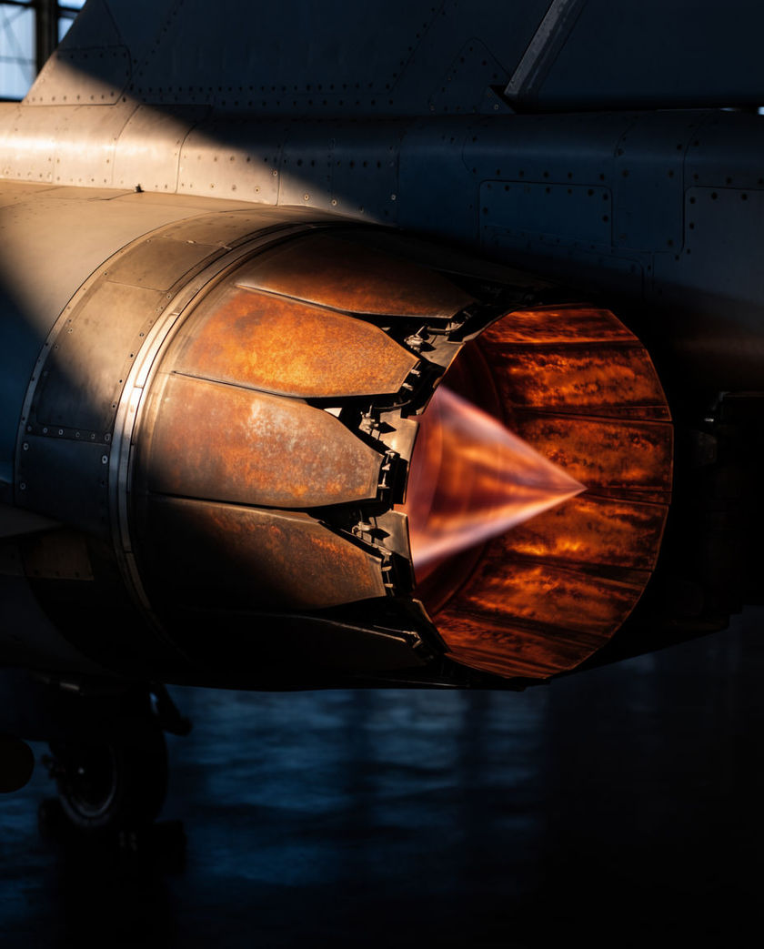 The turbine intake and nose of a jet aircraft close from a low off-axis angle under one warm light on a dark ground, heat haze rippling off the engine at full thrust