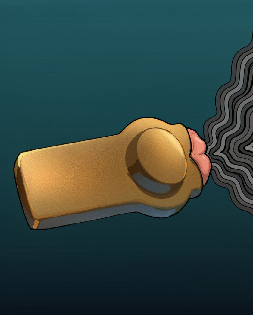 A small metal kazoo held to a mouth in profile under one warm side light against a dark ground, lips buzzing mid-note