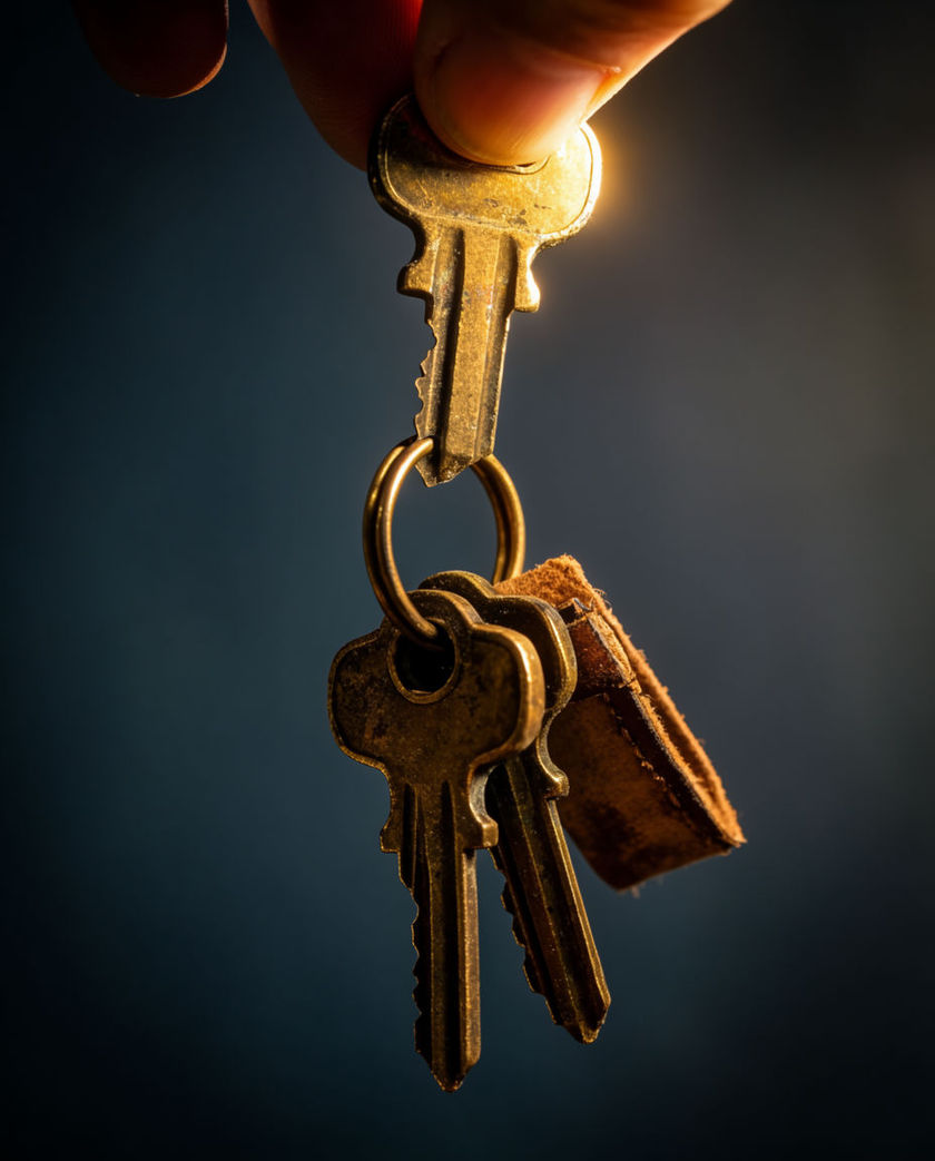 A hand lifting a small bunch of metal keys on a ring under warm low side light against a dark ground, keys caught mid-swing and spread apart