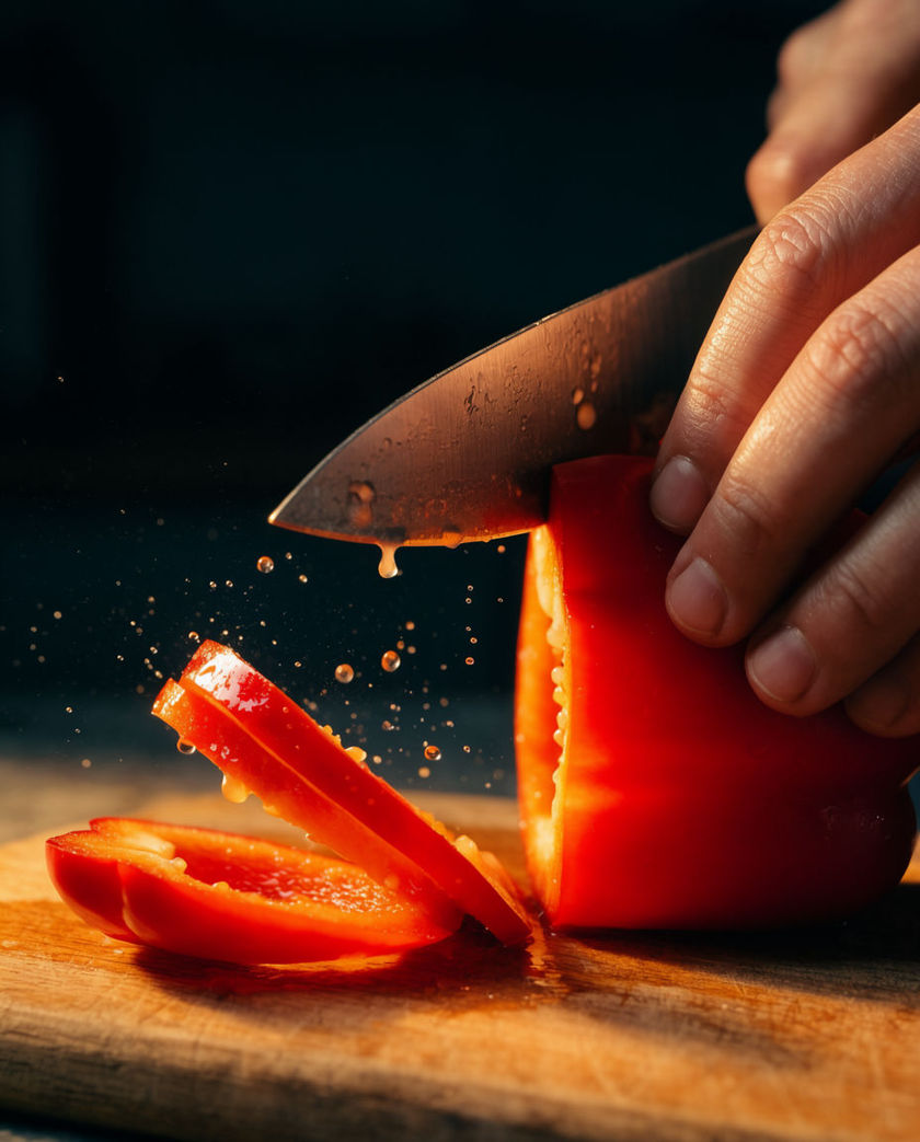A knife mid-chop on a wooden board, filling the frame from a low off-axis angle with one warm directional light against a dark ground