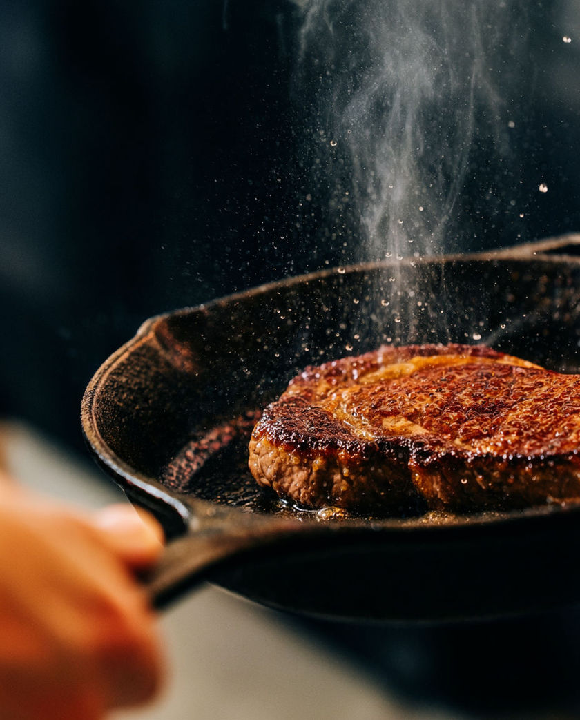A hot pan on a stove cropped by the frame, oil spitting under one warm side light against a dark cool ground
