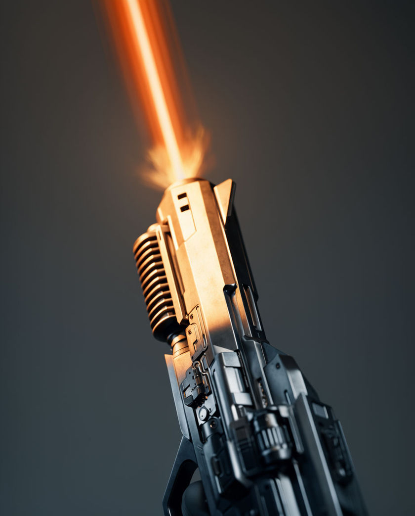 A blaster muzzle firing a streak of orange light at a low three-quarter angle, warm bolt against a dark cool ground