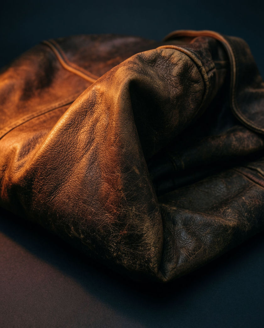 A creased leather surface flexing under a hand, filling the frame from a low off-axis angle with one warm directional light against a dark ground