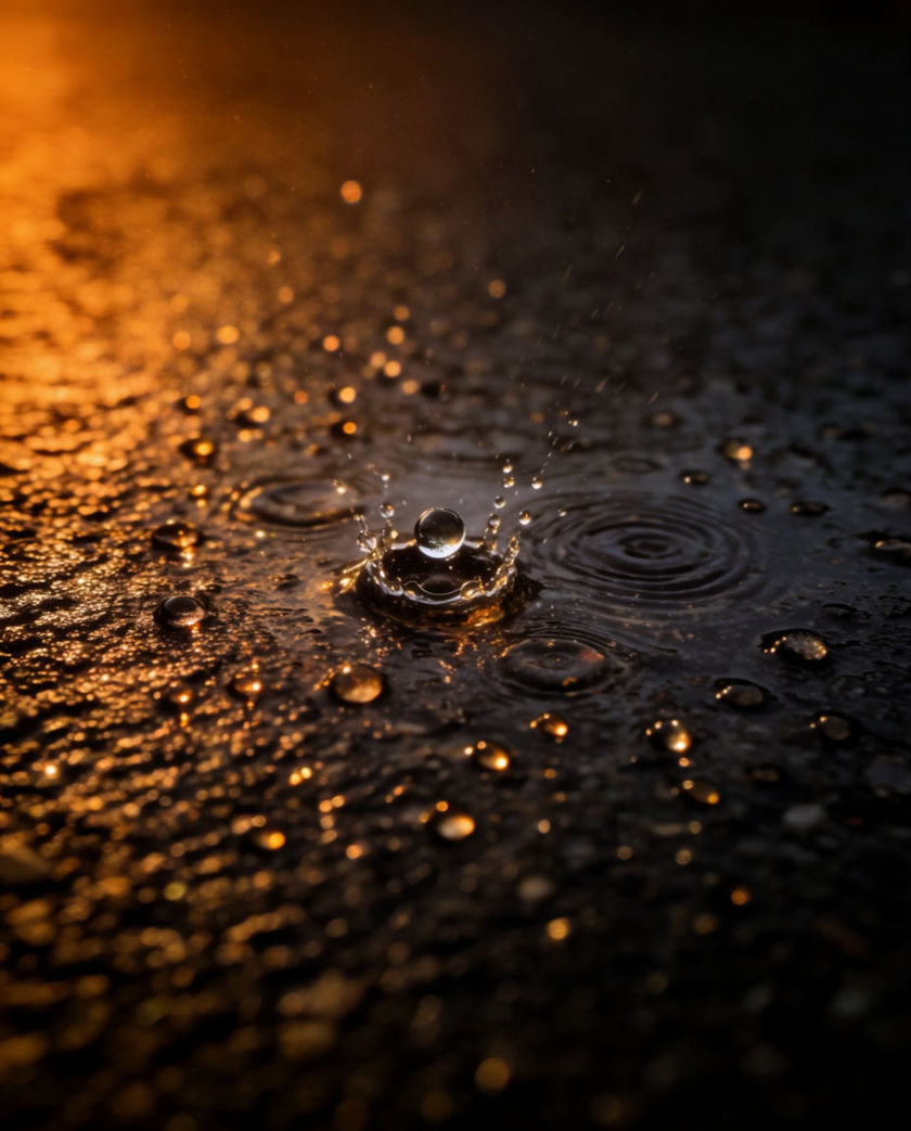 Fine light rain drifting through a warm shaft of low light, scattered droplets catching the glow against a cool dark ground