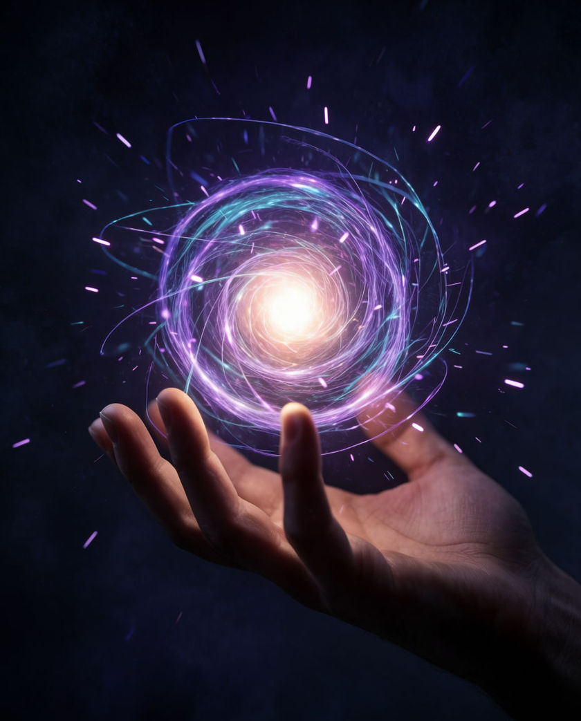 An outstretched hand at a low angle releasing a warm burst of light forward against a dark ground
