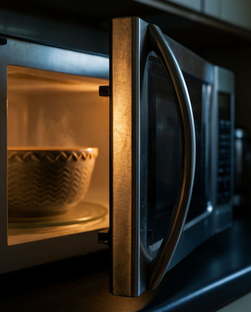 A microwave keypad and lit door cropped by the frame, glowing under one warm side light on a dark cool ground