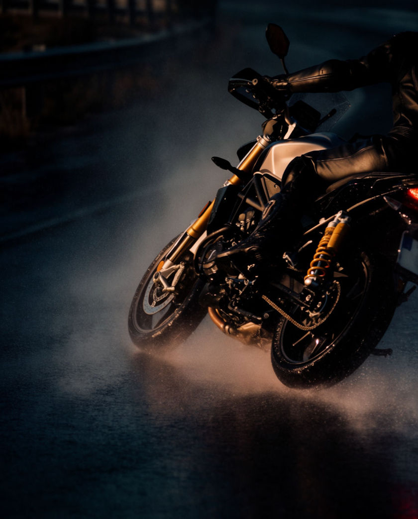 A motorcycle engine and chrome exhaust close from a low off-axis angle under one warm light on a dark ground, heat shimmer rising off the pipe as it runs