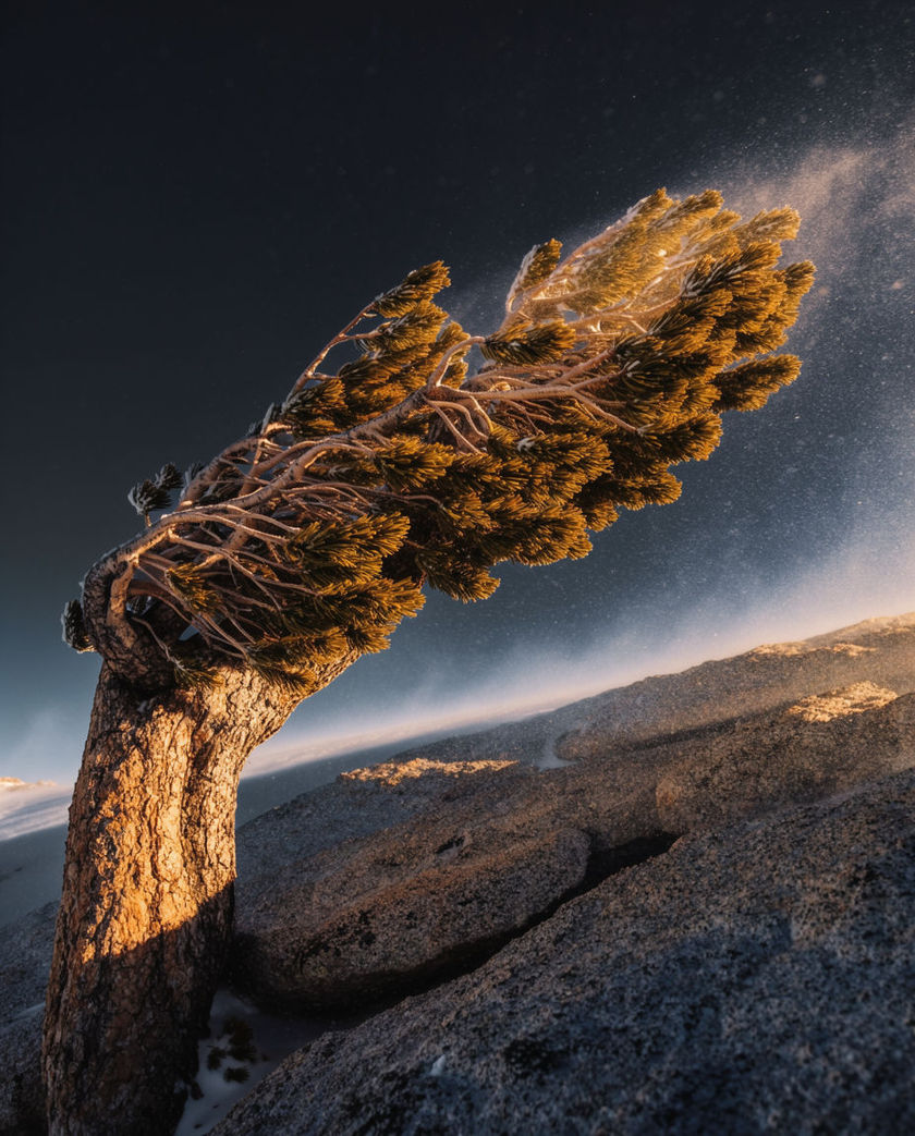 A bare windswept ridgeline under warm low raking light, grasses and a lone pine bent hard by a gust against a cold dark sky