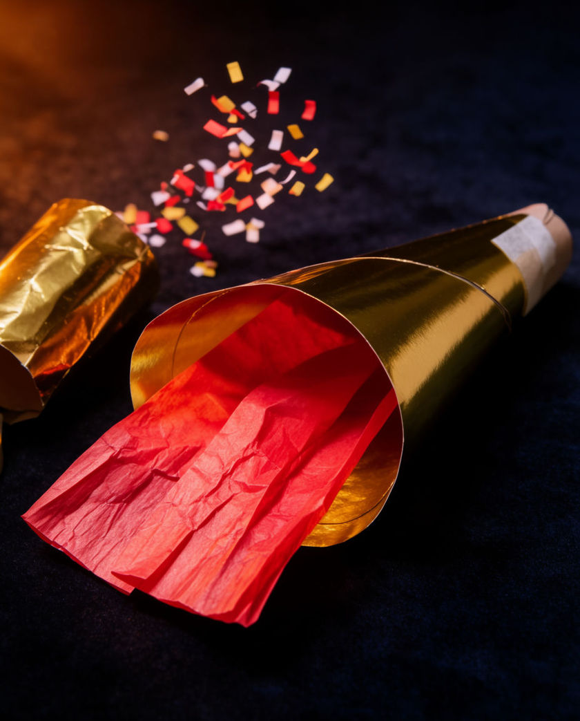 A gold paper party horn and scattered confetti under one warm low light against a dark ground, the horn mid-blow