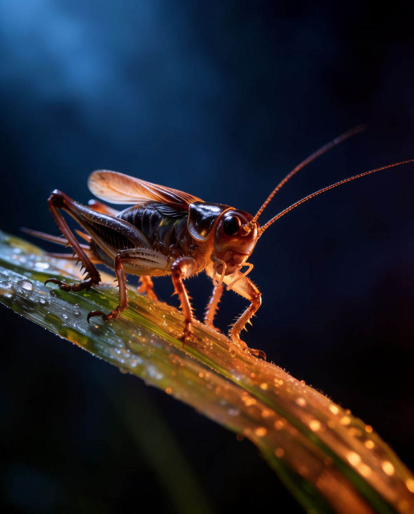 A single cricket perched on a grass blade in a pool of warm low light, wings lifted mid-chirp against a deep dark ground