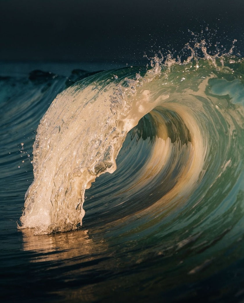 A single wave curling and breaking mid-crash under warm low light against a dark sea, white foam catching the light as it folds over