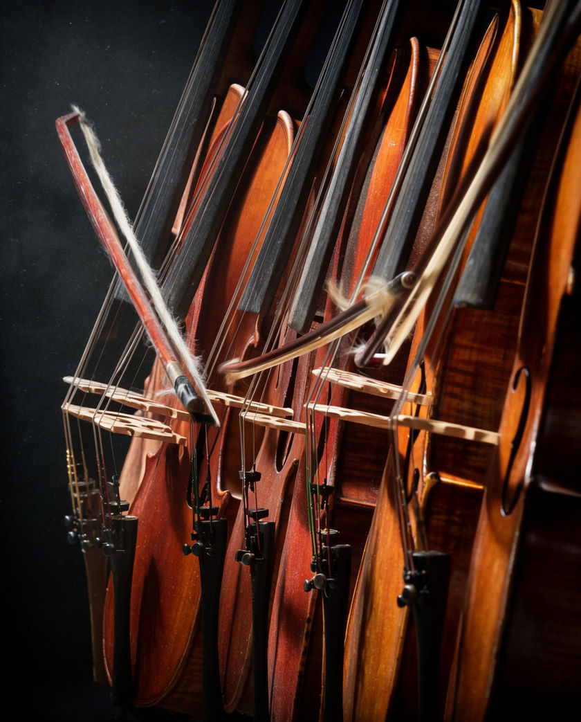 A brass section raised mid-stab under one warm hard side light against a dark ground, bells flaring at the instant of the hit