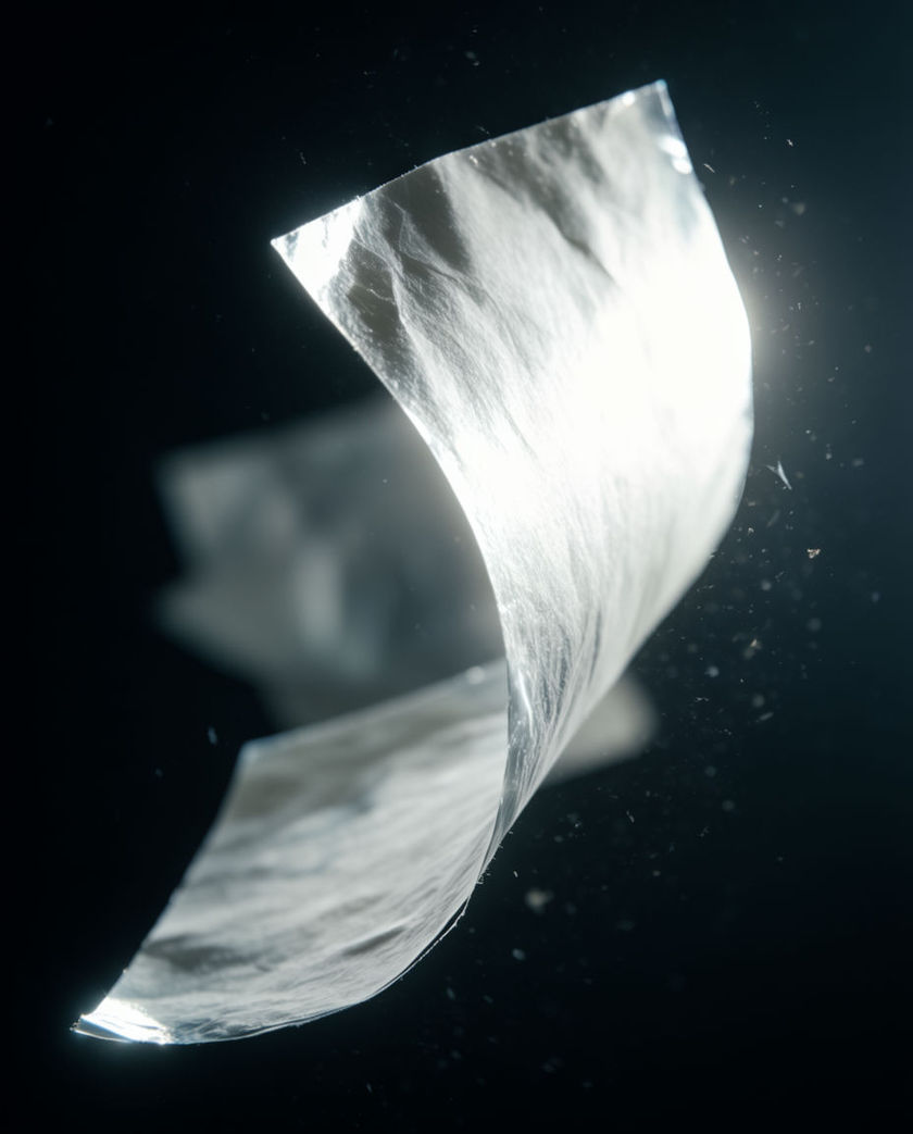A single book page caught mid-turn arcing upward under warm low light against a dark ground, paper edge curling