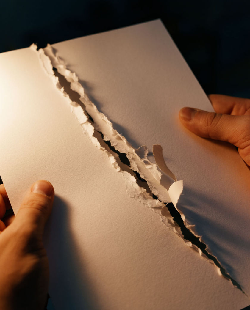 A sheet of white paper caught mid-tear under warm low side light against a dark ground, the ragged split running through the page