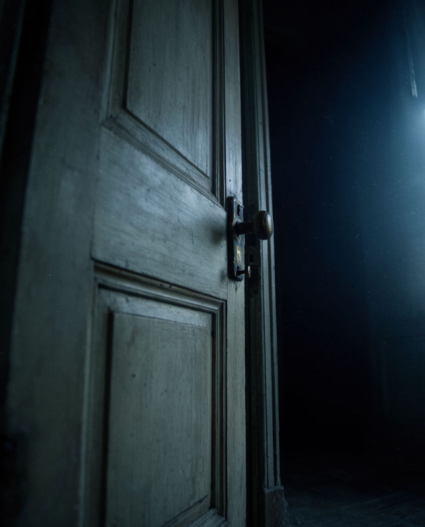 A dark doorway ajar with a pale glow beyond, warm low light against a cold black ground, dust caught in the air