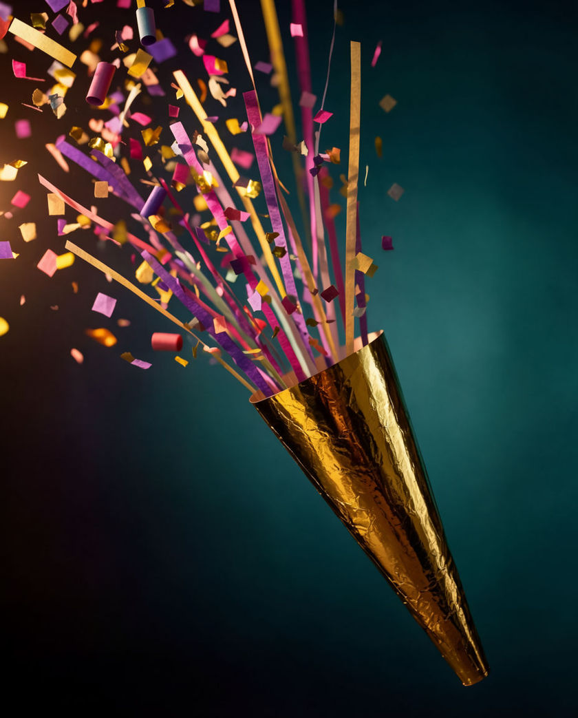 A party popper firing confetti under one warm low light against a dark ground, streamers caught mid-burst