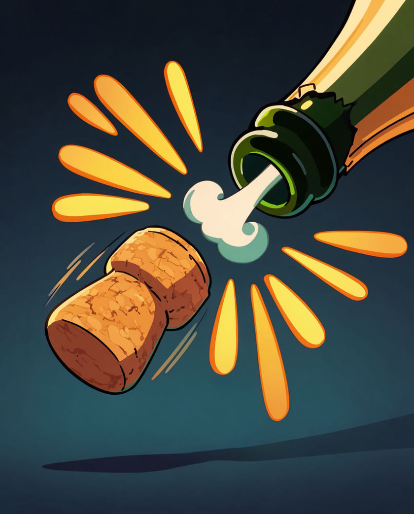 A champagne cork caught leaving the bottle neck in a burst of spray, lit warm from one side against a dark ground