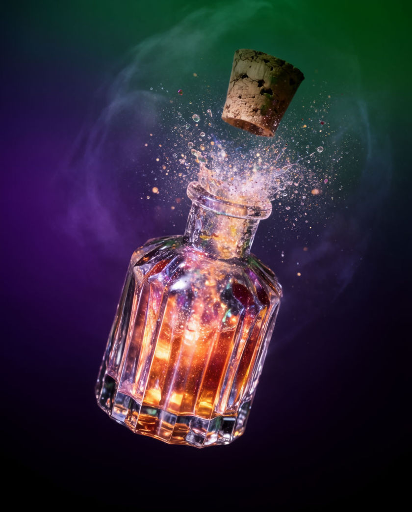 A small glowing glass vial tilted off-axis under warm low light against a dark ground, bubbles rising and shimmer wisping from the mouth