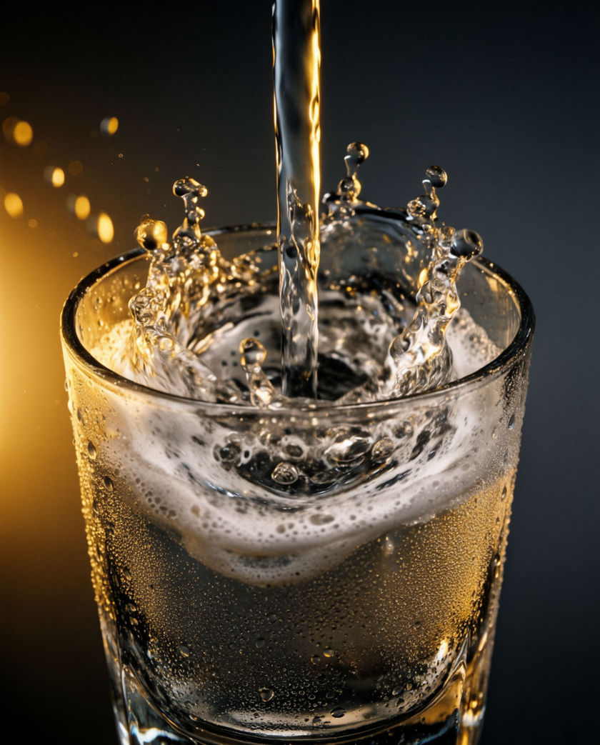 A clear stream of water pouring into a glass under warm low side light against a dark ground, splash caught mid-fall