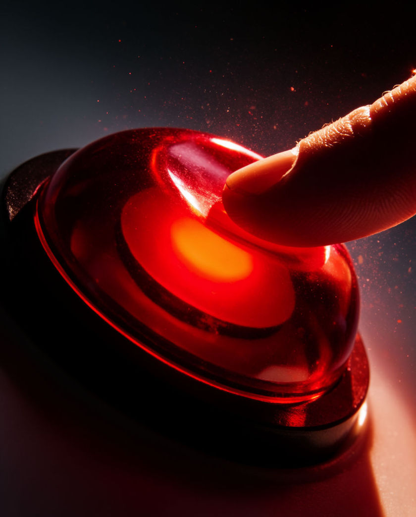 A red game-show buzzer button seen low and close under warm light, a hand pressing down as it lights against a dark ground
