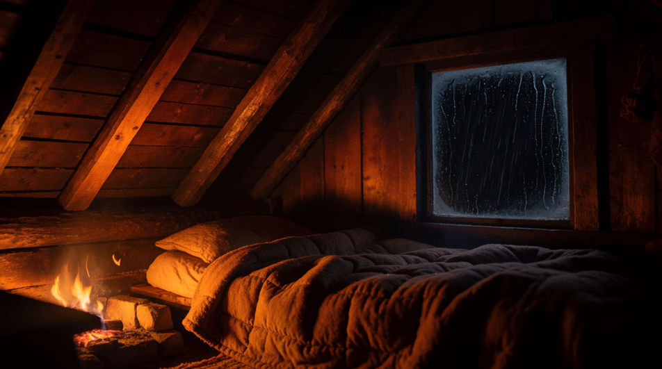 A cabin, an attic, a caravan at night