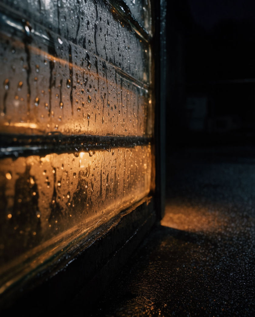 Rain streaking down a dark glass pane lit warm from one side, beaded drops trailing bright runs against a cool black interior