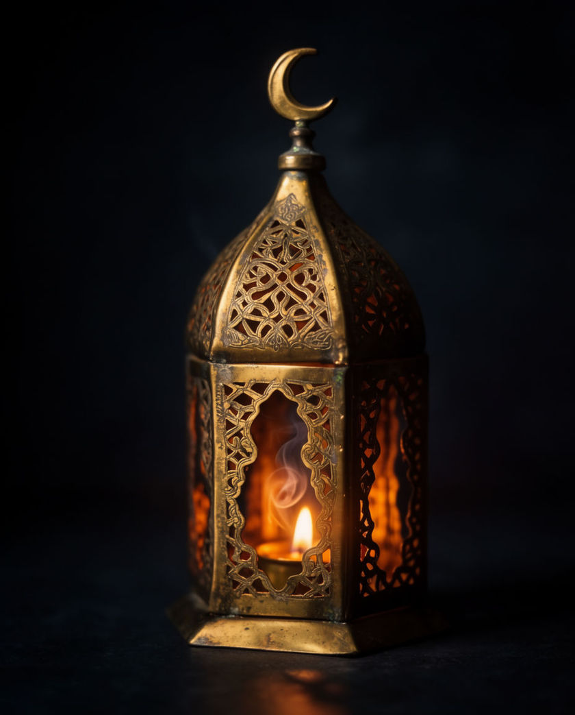 A brass crescent lantern glowing amber under one warm low light against a dark ground, a wisp of smoke rising from the flame inside
