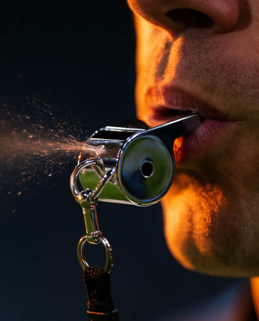 A chrome referee whistle held at the lips, off-axis under one warm light, a faint puff of breath at the mouthpiece against a dark ground