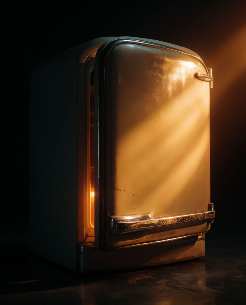 A stainless refrigerator standing off-axis under warm low side light against a dark ground, its lower coil grille catching a rim of light as the compressor runs