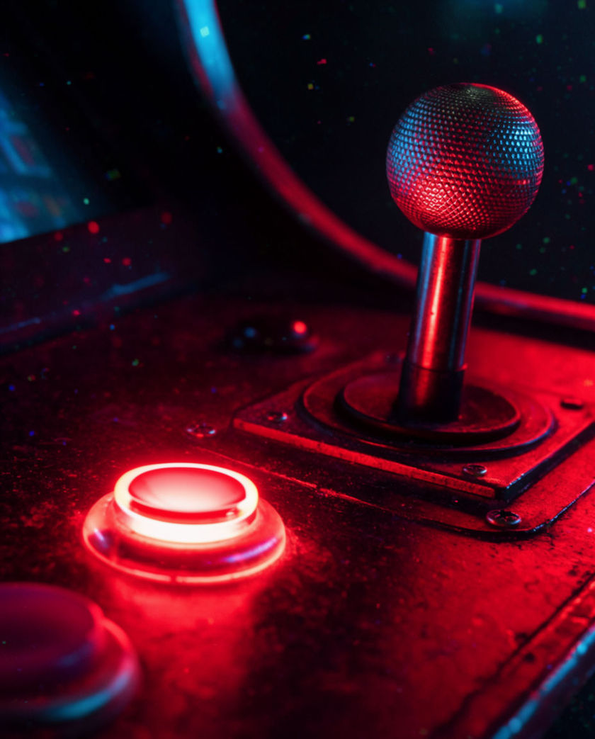 A worn console game controller seen low and close under warm lamplight, a thumb pressing a button against a dark cool ground