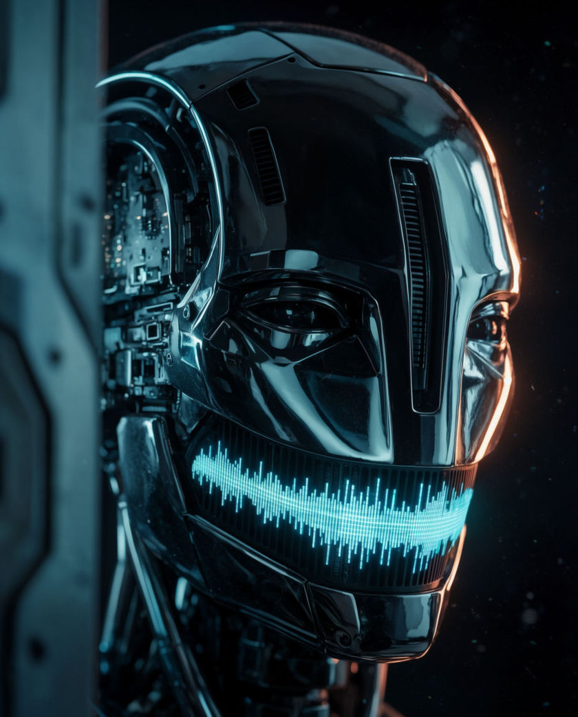 A chrome robot head in three-quarter profile, one warm rim light on its jaw grille against a dark ground
