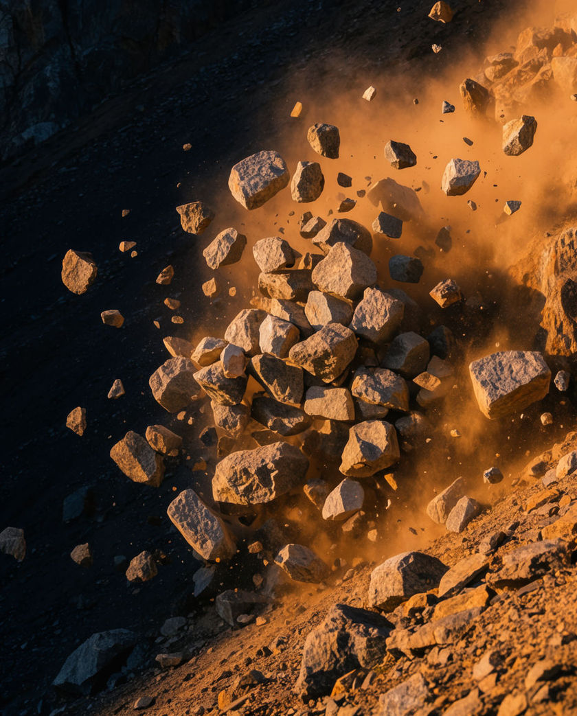 A cascade of rocks caught mid-fall down a steep slope, dust lifting off the tumbling stones, one warm low light raking across a dark ground