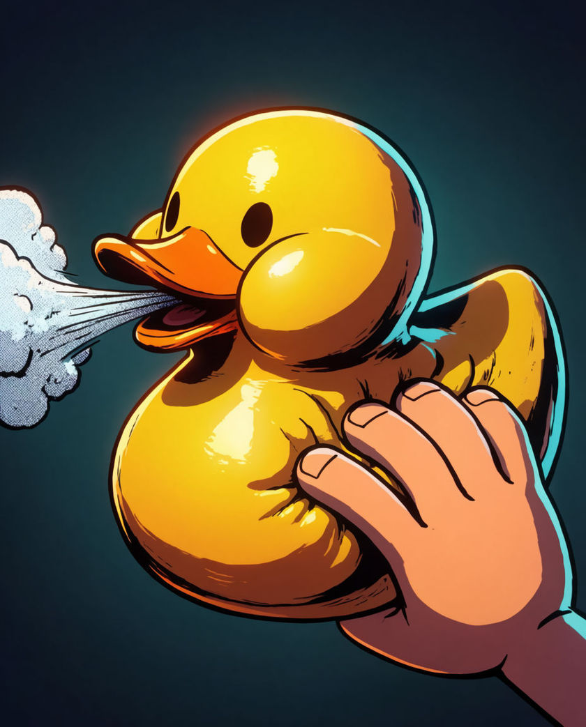 A glossy yellow rubber bath duck seen from a low angle under one warm light against a dark ground, the body pinched and dimpled mid-squeeze
