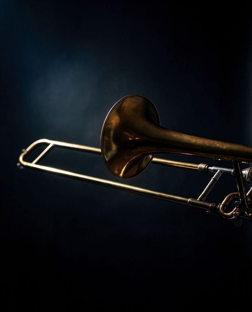 A brass trombone bell tilted downward under warm low light against a dark ground, slide extended mid-note