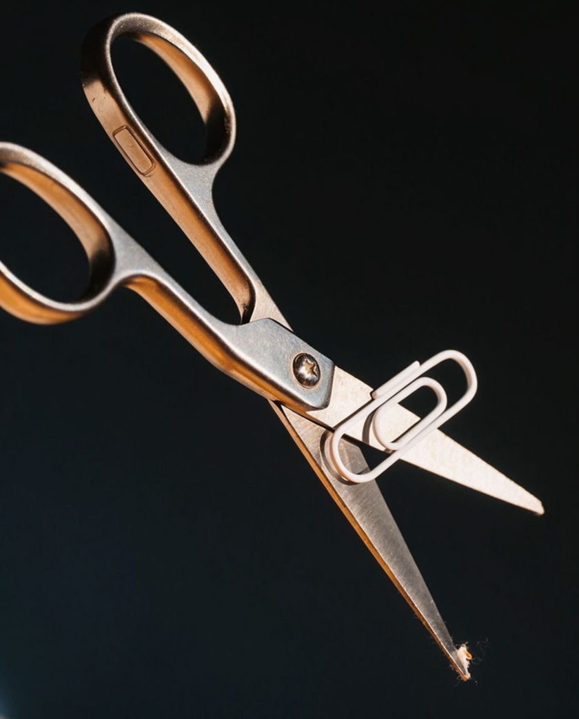 A pair of open steel scissors caught mid-cut under warm low side light against a dark ground, blades biting through a sheet of paper