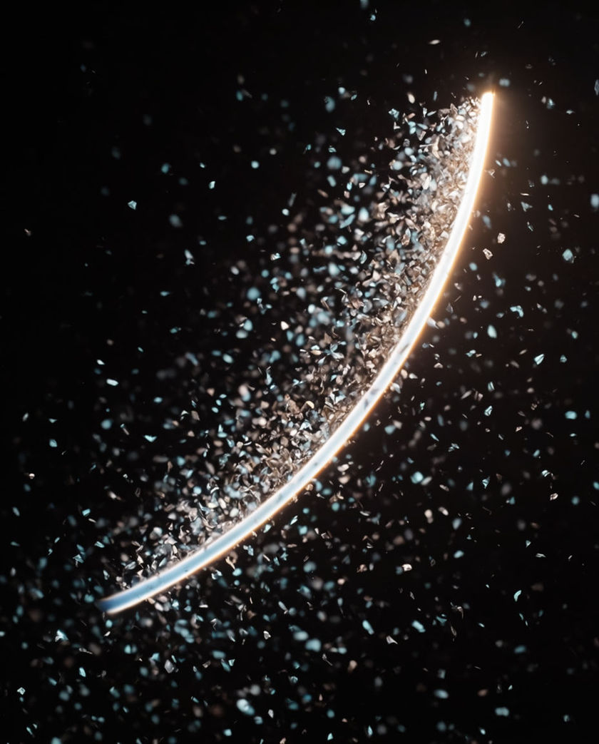A scatter of tiny bright sparks bursting upward and catching warm low light against a dark ground, glints mid-flight