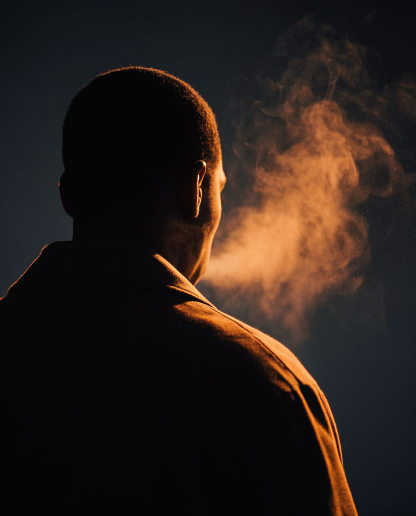 A person seen in profile under warm low light against a dark ground, eyes closed and lips just parted mid-exhale