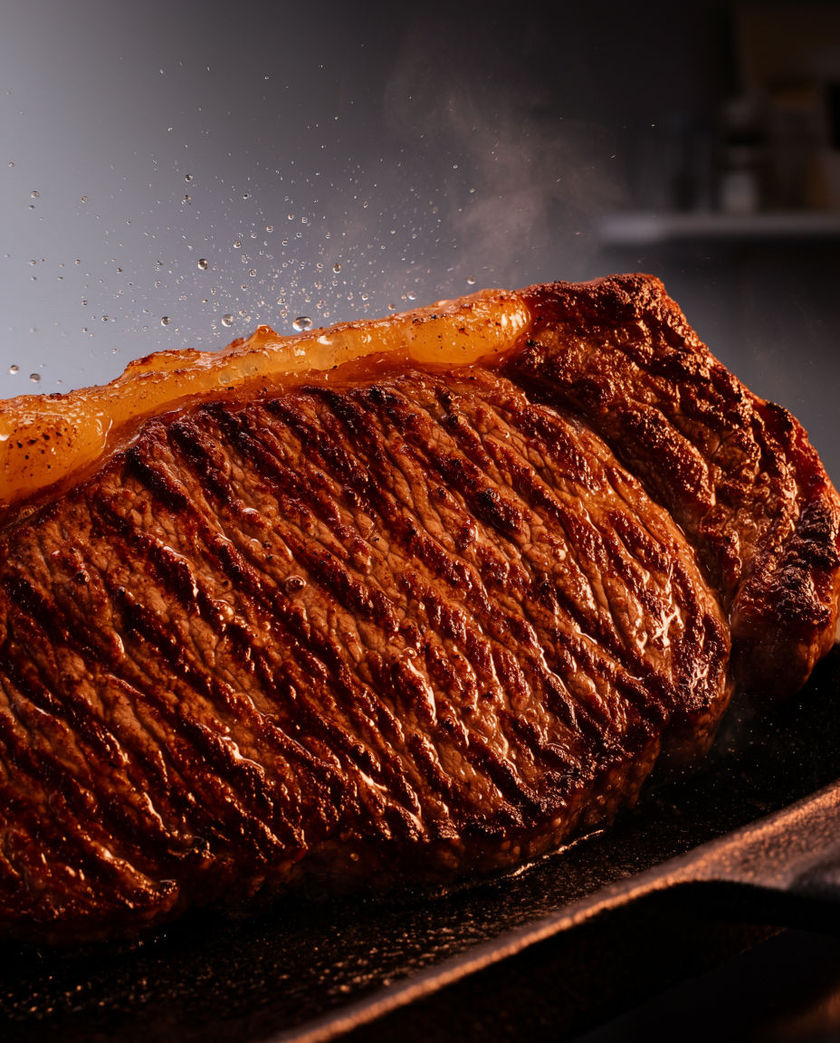 A steak searing in a cast-iron pan cropped by the frame, oil spitting under one warm side light on a dark cool ground