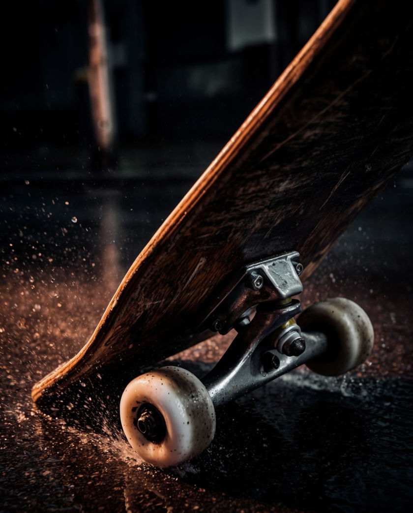 The underside of a skateboard tilted in warm low light against a dark ground, one wheel spinning mid-trick