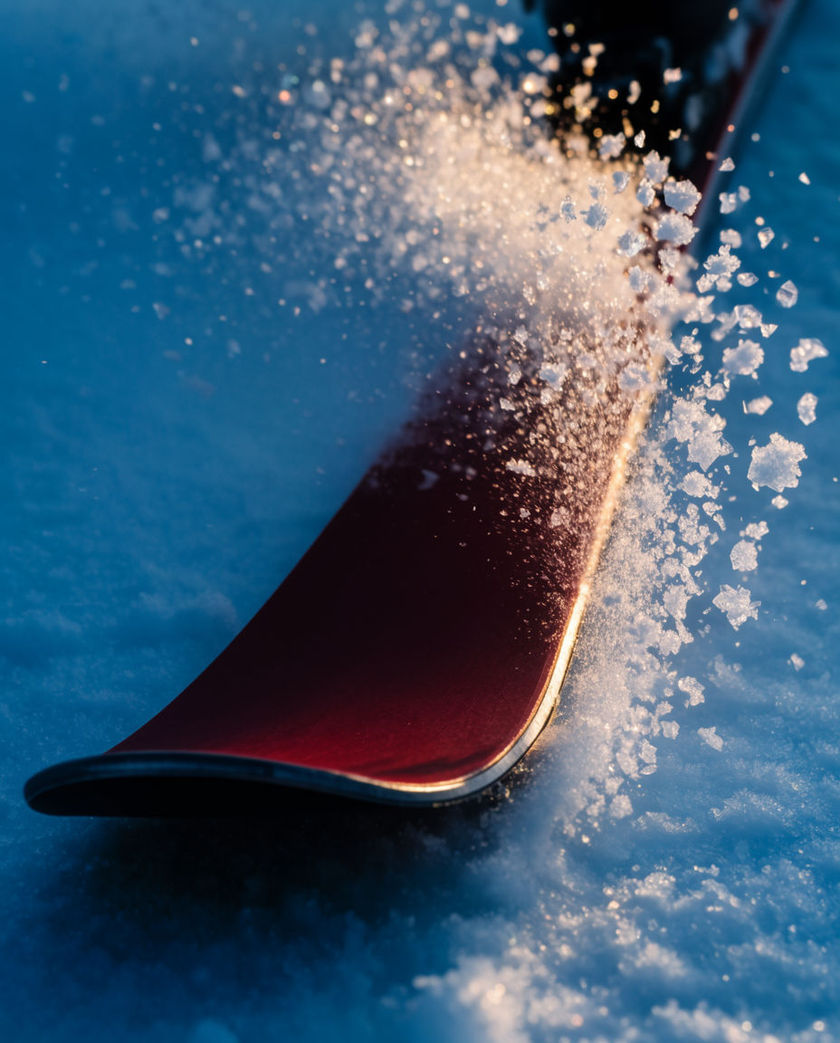 A skier carving a turn seen low and close, an edge throwing a fan of snow spray lit warm against a dark cool slope